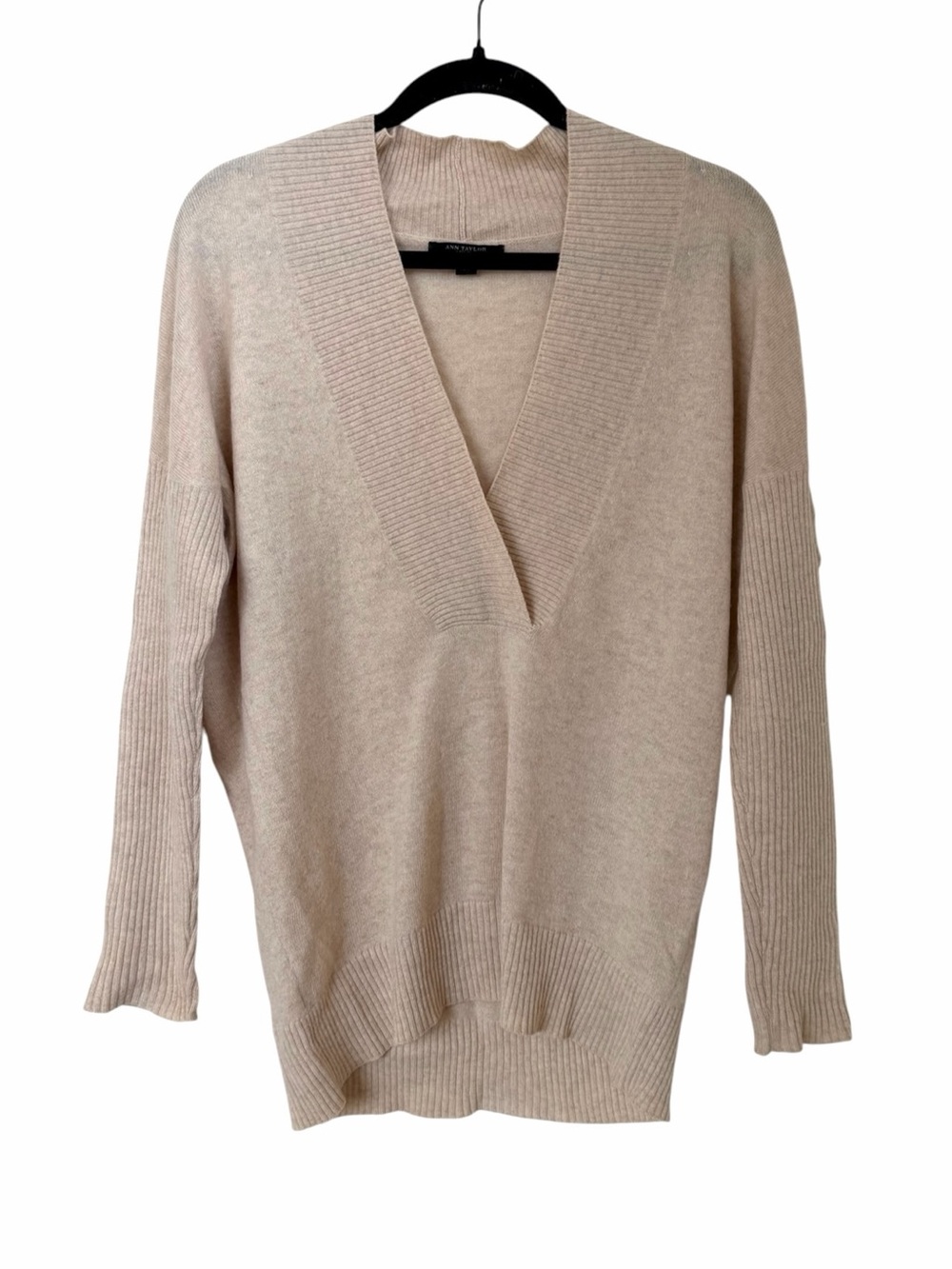 Ann Taylor Cashmere Deep V-Neck Sweater in Light Beige Tan